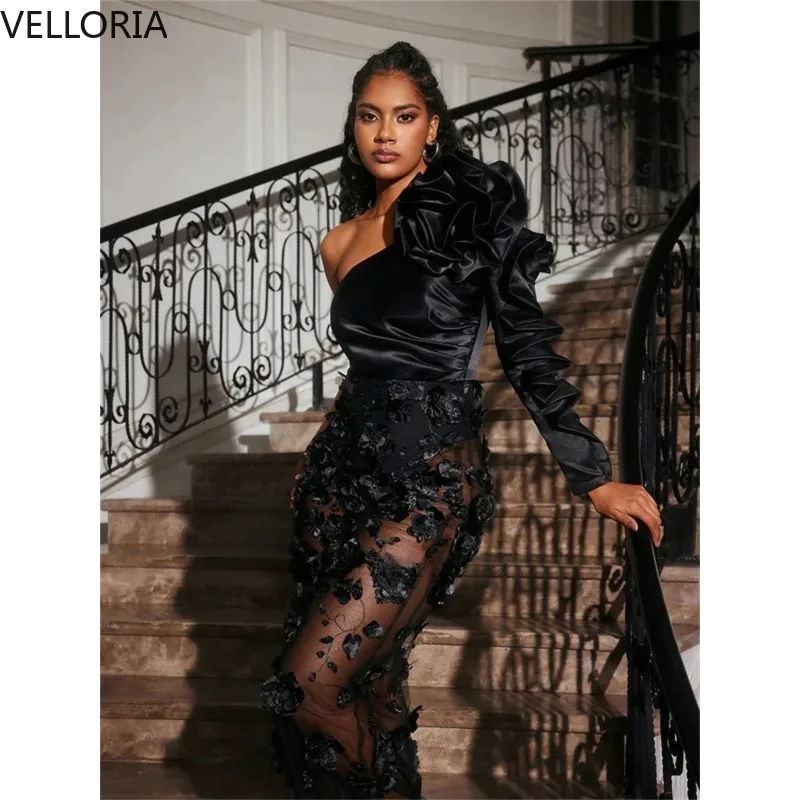 Seksowne czarne koronkowe suknie wieczorowe typu syrena, z jednym ramieniem, falbankami, bufiastymi rękawami, zdobione koralikami, suknie na studniówkę, na czerwony dywan, suknie na konkursy piękności, szyte na miarę.