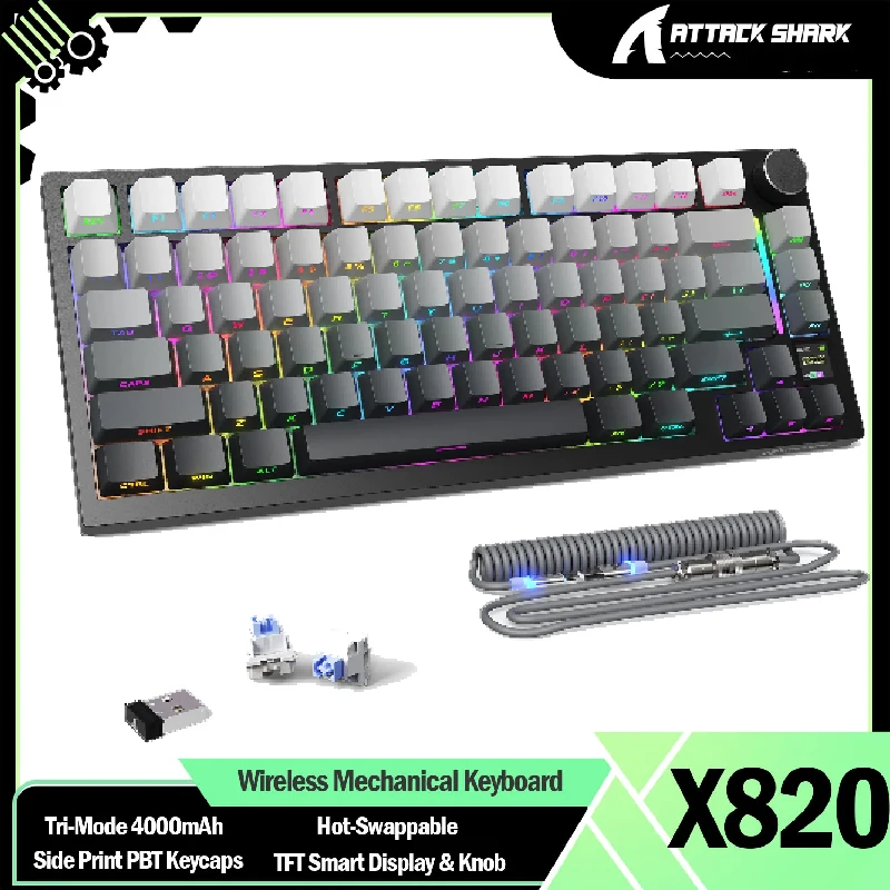 New ATTACK SHARK X820 75% Ultra Wireless Mechanical Keyboard with TFT Smart Display & Knob, Hot Swappable, RGB South Facing LED