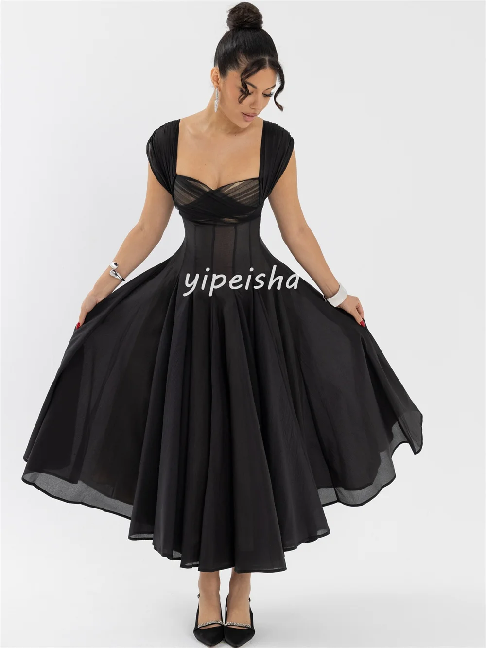 Customized Sexy Fashion Pleat Ruched A-line Square Neck Midi Dresses Bespoke Occasion Dresses Sizes Available High Quality