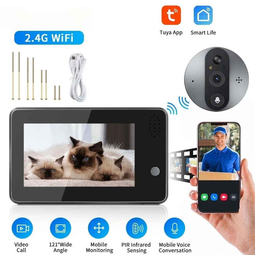 4.3 Inch Smart WiFi Video Doorbell Night Vision Tuya Peephole Camera Human Detection Doorbell Announcement