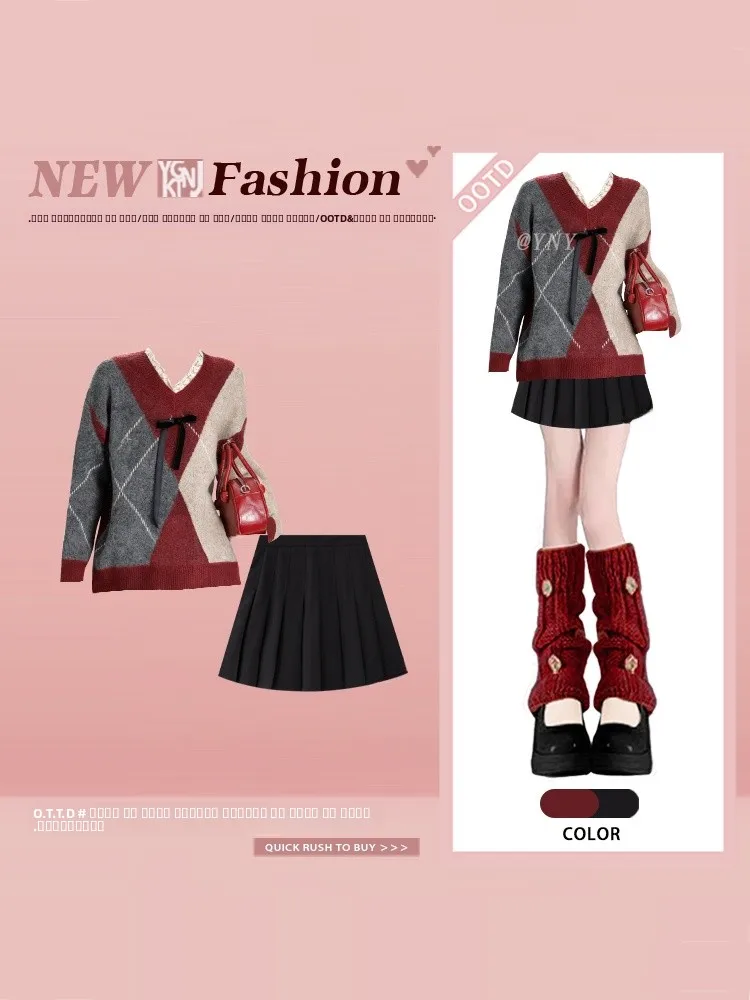 

Winter New Knot Diamond Grid Red Christmas Fortune Year Knitted Sweater Pleated Short Skirt Two Piece Set Women's F...