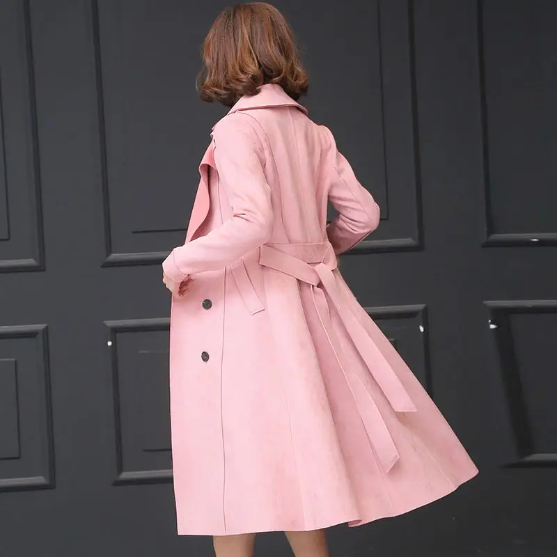 2023 Fall Winter Add Suede Deerskin Trench Coat Women Fashion Long Windbreaker Jacket Female Slim Double-Breasted Chic Overcoat