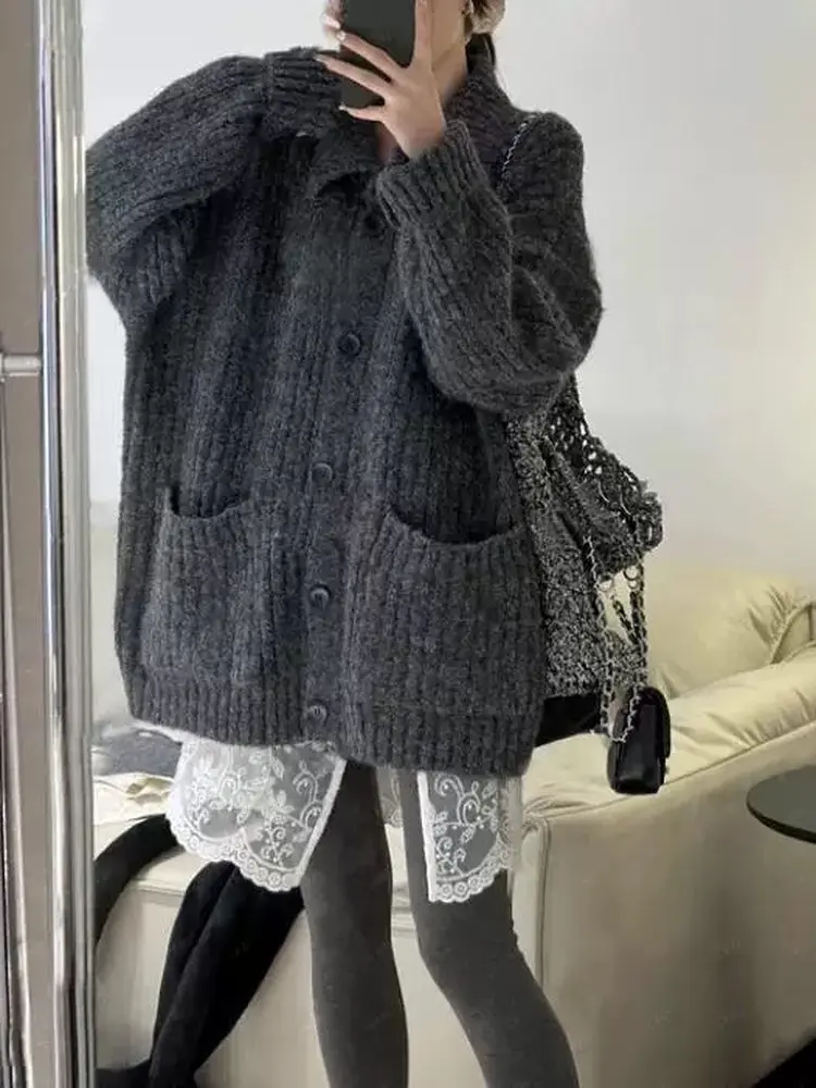 

Корейский стиль: новый осенне-зимний женский кардиган с воротником-стойкой, свободный мягкий вязаный свитер-пальто, удобный и комфортный.