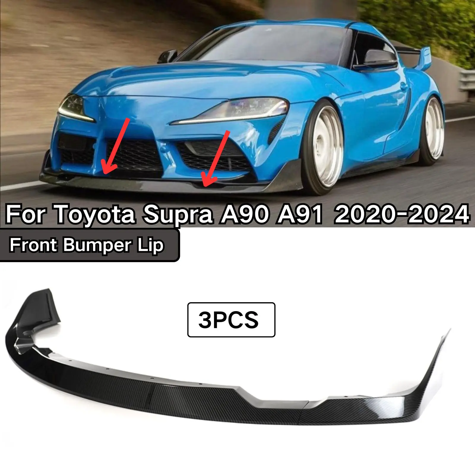 For Toyota Supra A90 A91 2020-2024 Front Bumper Lip 3PCS Cars Accessories Spoiler Splitter Glossy Black Carbon Fiber Print