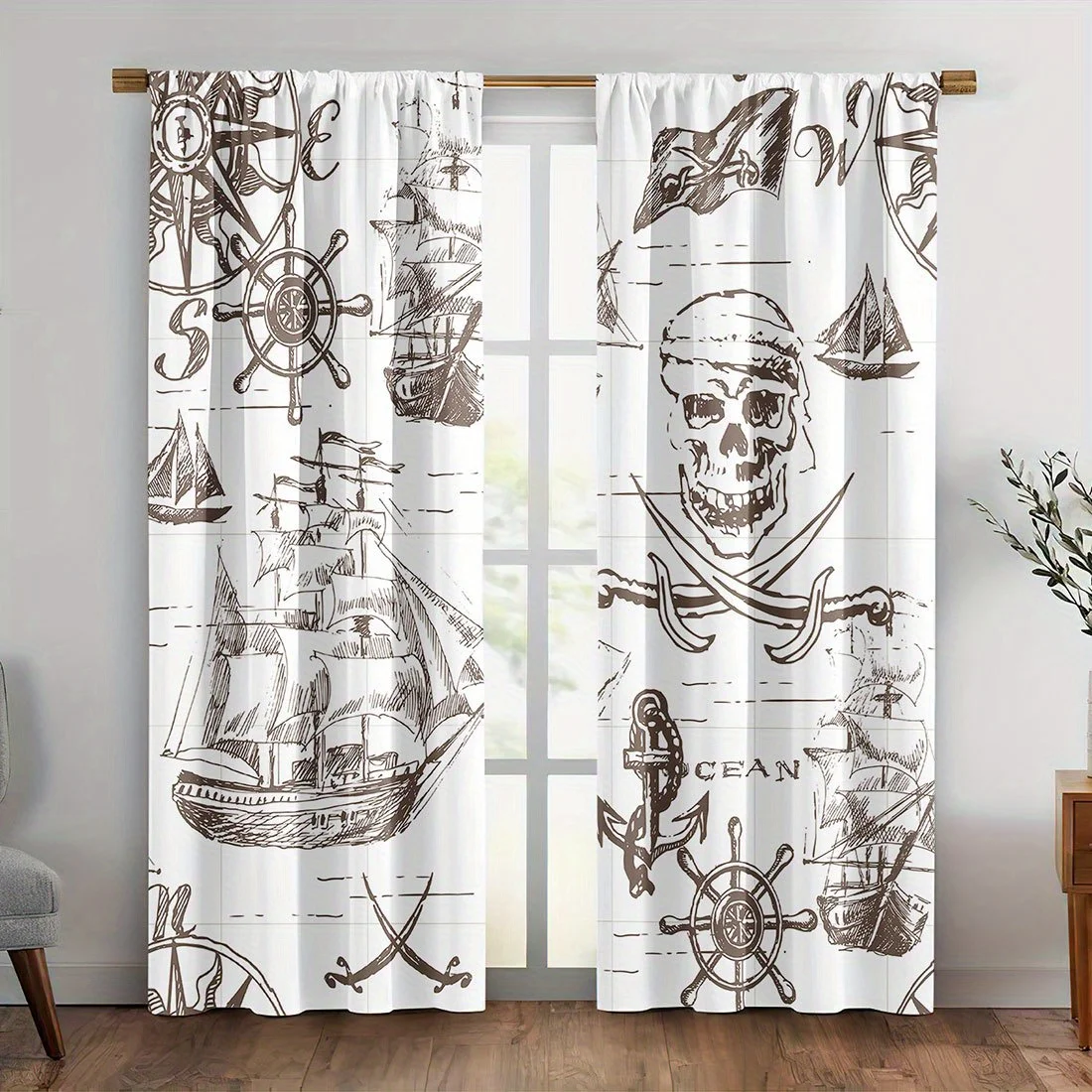 Nautical Pirate Curtains Skeleton Skull Ships Engraving Drapes Vintage Ship Maritime Coastal Beach Decor Window Curtain