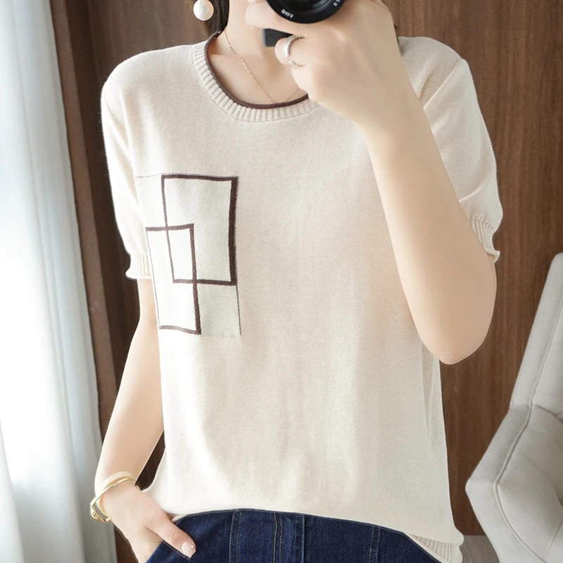 

Summer New 100% Cotton Fashion Short Sleeve T-shirt Women's Round Neck Loose Pullover Casual Color Contrast Knitted T-shirt Top