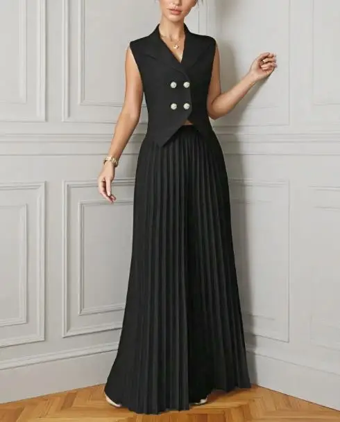 

Женский модный комплект: новый безрукавный двубортный жилет-блейзер и плиссированные широкие брюки с высокой талией