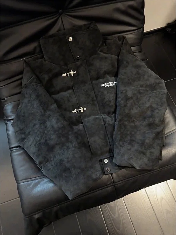 

American Dyed PU Leather Cotton Jacket Men's Winter Thick Warm Bread Style Short Cotton Coat Cleanfit Stand Collar Long Sleeve