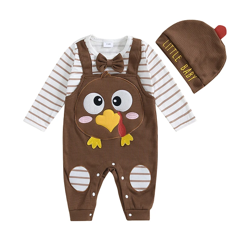 Thanksgiving Baby Romper with Turkey Embroidery and Stripe Print Long Sleeve Crew Neck Jumpsuit with Hat - Adorable Fake Two