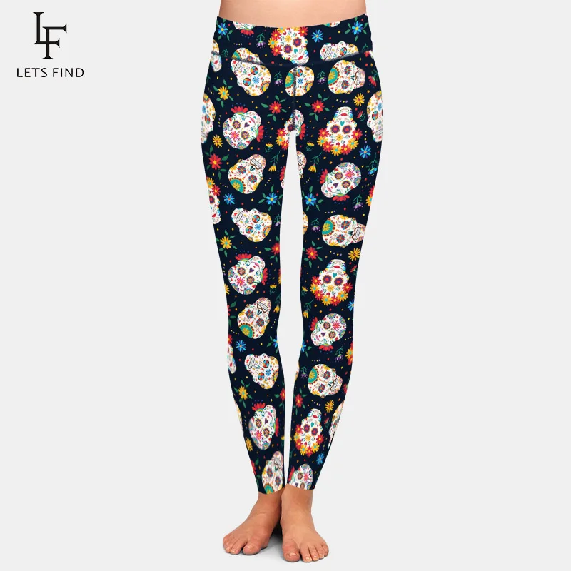 LETSFIND High Quaility Sexy Women Pant Sugar Skull Decoration and Flowers Printing Fashion High Waist  Workout Leggings