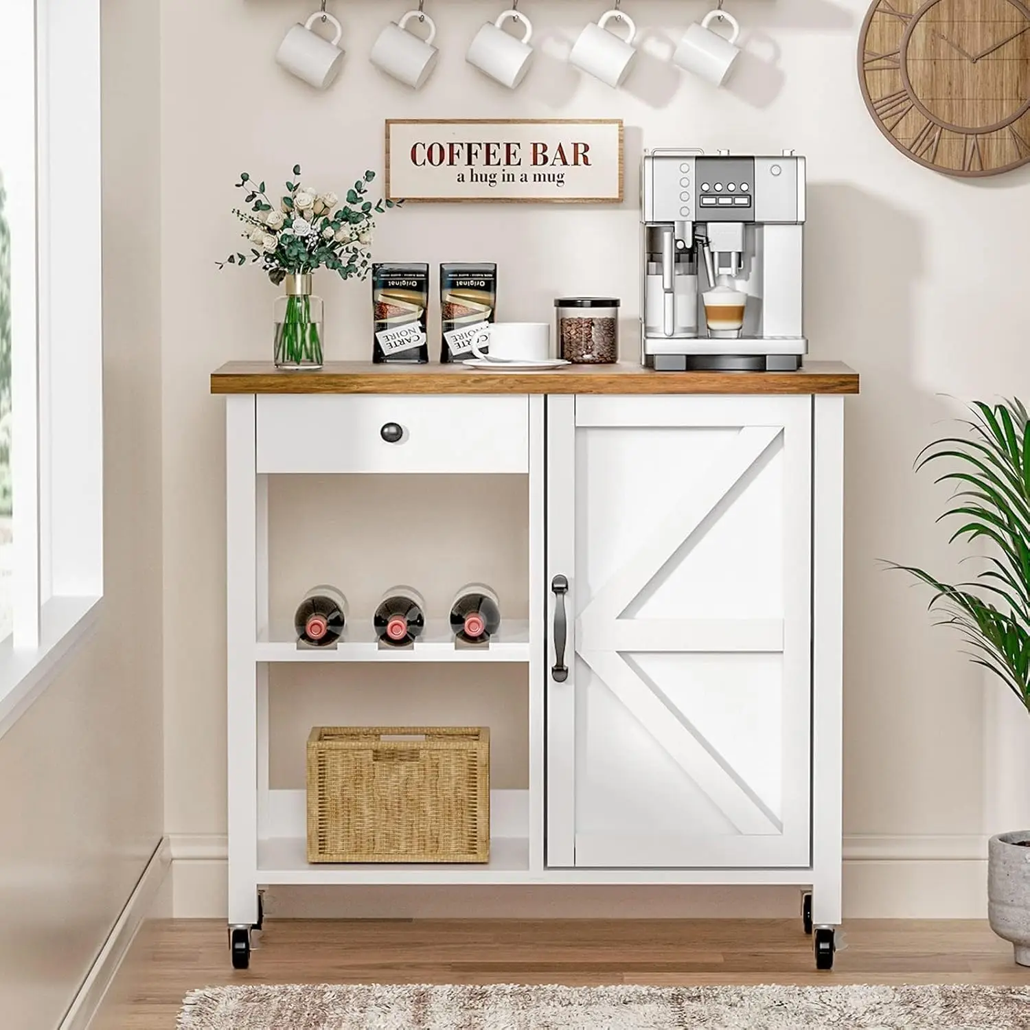 WINNER Kitchen Cart with Storage, Farmhouse Rolling Kitchen Island Cart with Drawer Wine Rack, Coffee Cart with Adjustabl