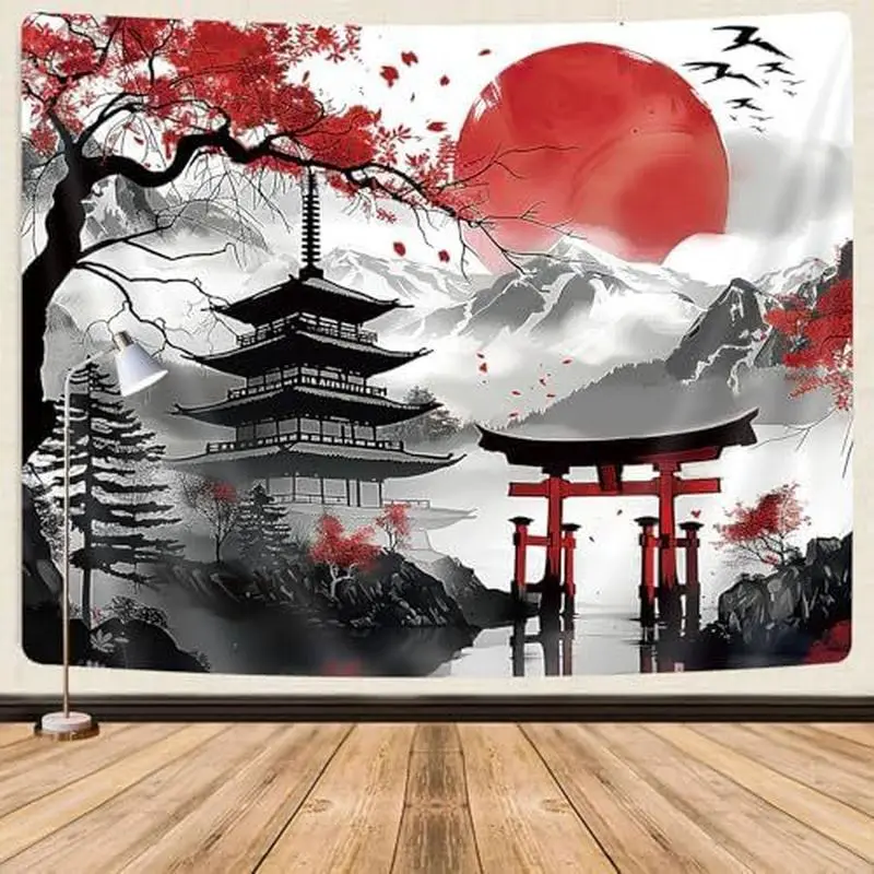 VIKAMA Japanese Red Maple Torii Wall Tapestry Fuji Mountain Pagoda Sumi Home Decor Vibrant Art Soft Durable Cozy Aesthetic Gift
