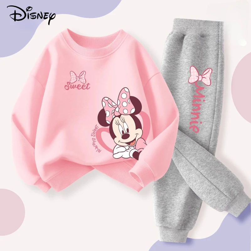 DISNEY Spring Autumn Children's Pullover Sets Minnie Print Girls Clothing Sets Breathable Thin Kids Sweatshirt Pant 2pcs Suit