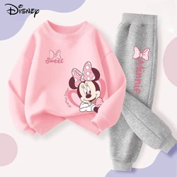 DISNEY Spring Autumn Children's Pullover Sets Minnie Print Girls Clothing Sets Breathable Thin Kids Sweatshirt Pant 2pcs Suit