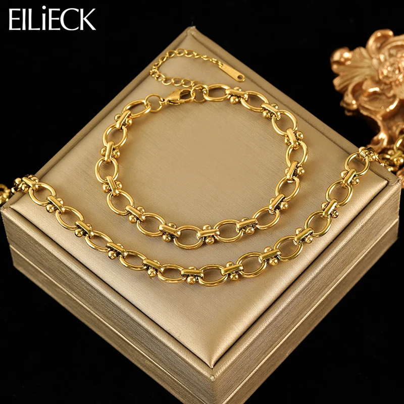 EILIECK New Fashion Stainless Steel Metal Chain Necklace Bracelet For Women Fashion Waterproof Gold Color Jewelry Set Gift Party