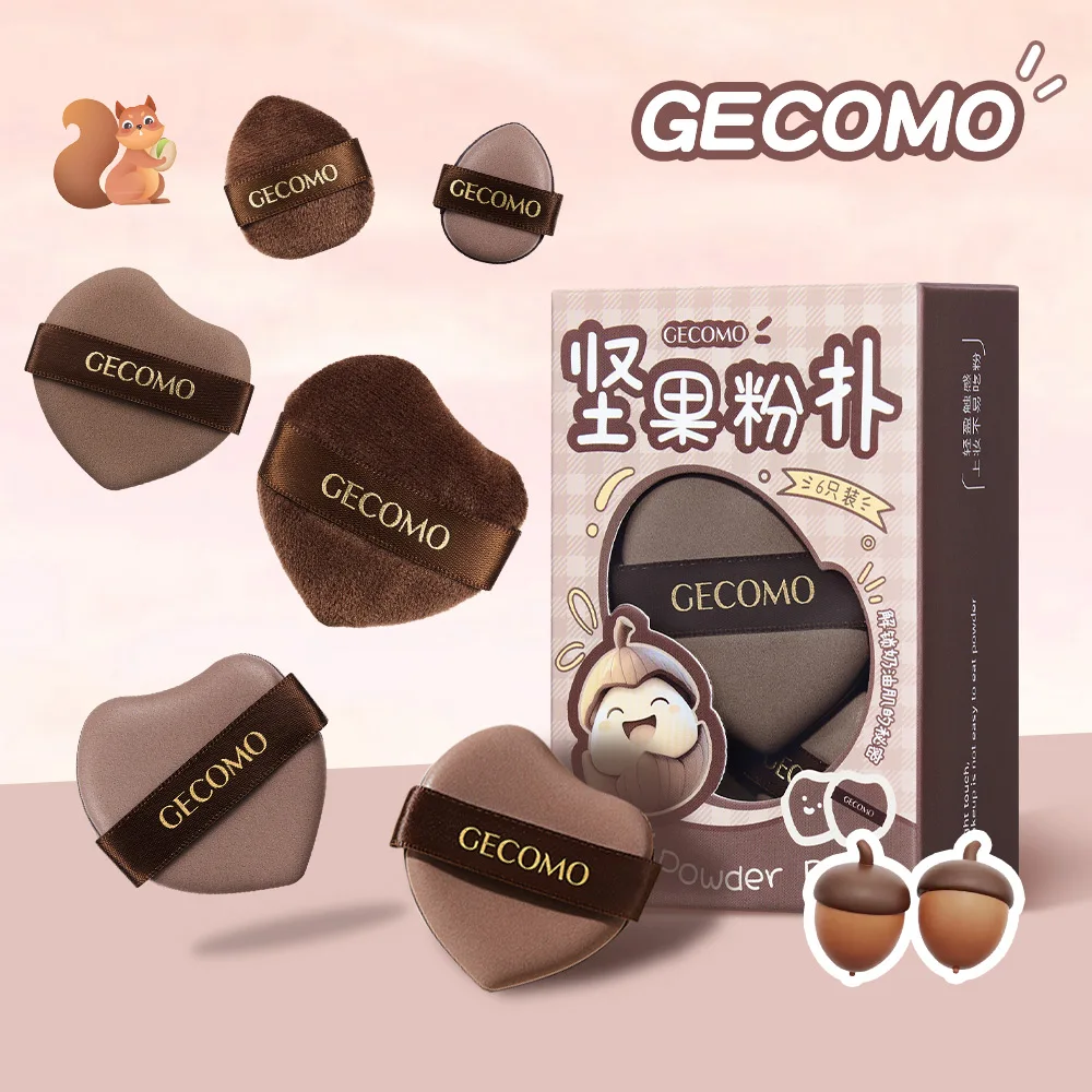 GECOMO-Juego de esponjas para polvo de nueces, 6 uds., esponja seca y húmeda, superficie de cuero de doble uso, flocado, esponja de maquillaje, cojín de aire suave y agradable para la piel