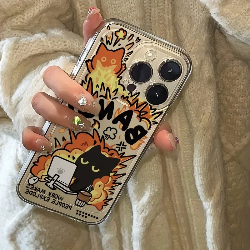 Cartoon Work Explosion Cat Transparent Phone Case for IPhone 16 15 14 13 12 11 Pro Max 7 8 Plus Clear Soft Cover