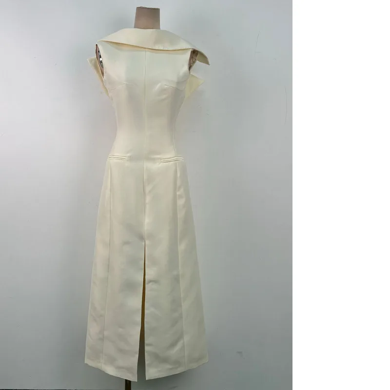 LISM mode femmes robe élégante Patchwork sans manches fendu Satin taille haute robe de soirée 2025 automne nouveau
