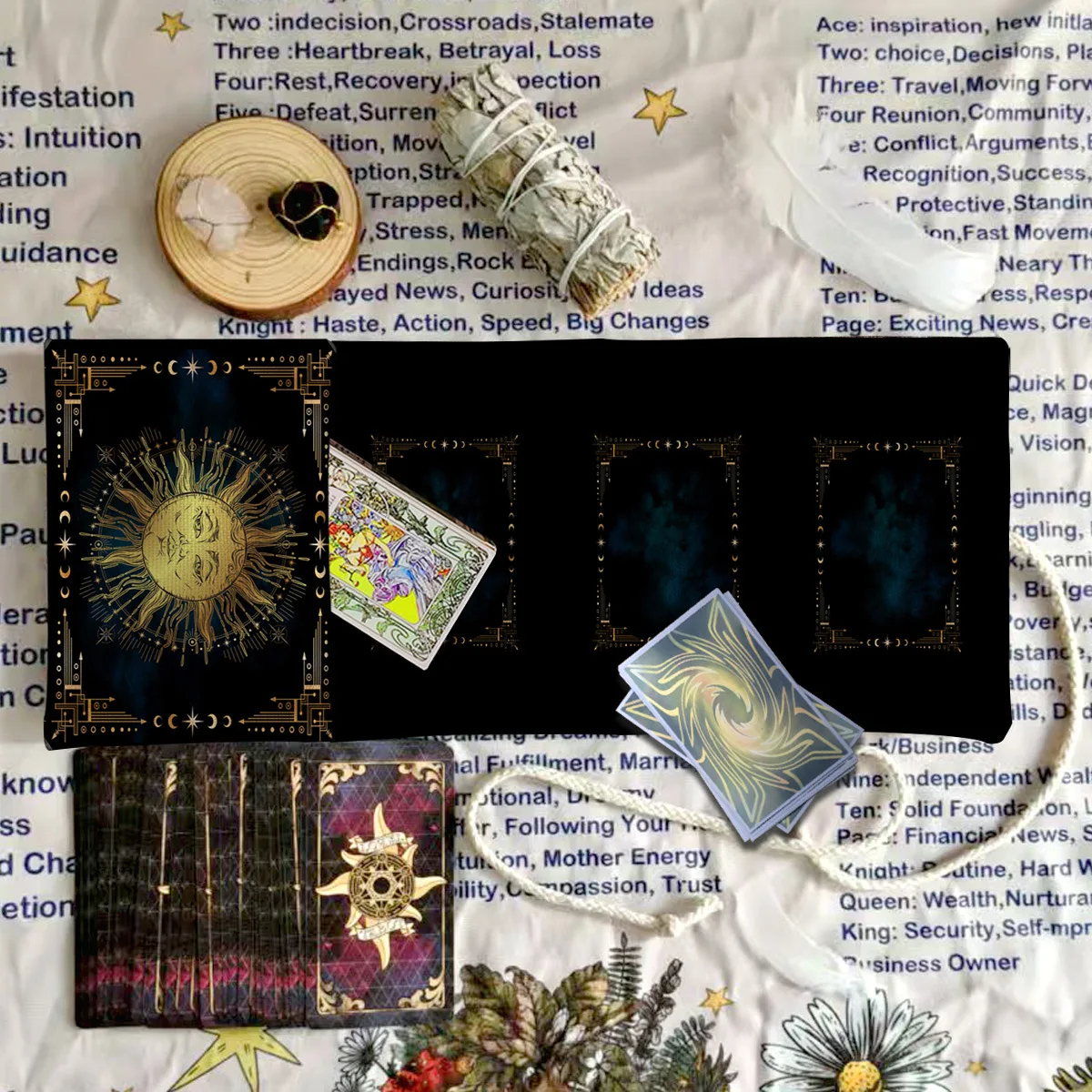 Sun & Moon Celestial Tarot Roll‑Up Pouch 3‑Card Layout Drawstring Tarot Card Storage Bag Tarot Holder for Witch Divination