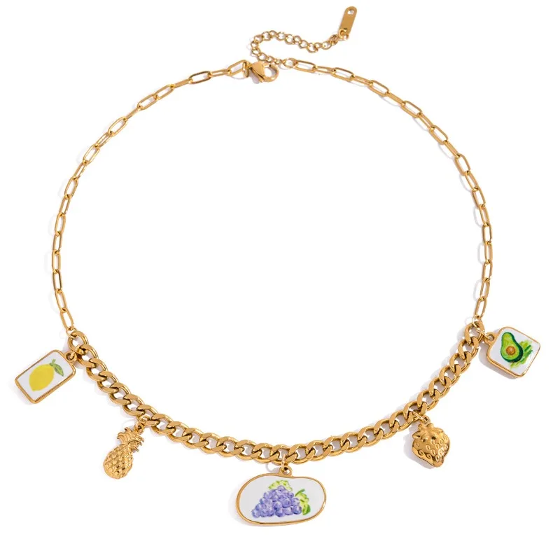 

Minar Punk Enamel Printed Fruit Strawberry Grape Lemon Pendant Necklaces for Women 18K Gold PVD Plated Titanium Steel Choker