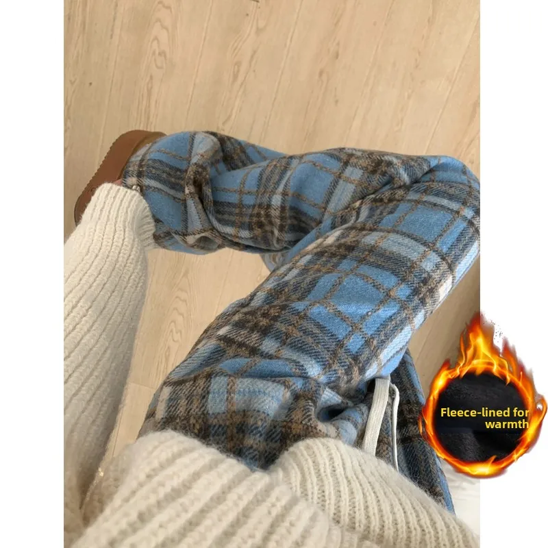 

Blue Woolen Plaid Men's Autumn Winter Faion Brand Fce Lined Pants American High Street Wide Leg Straight Tube Pants