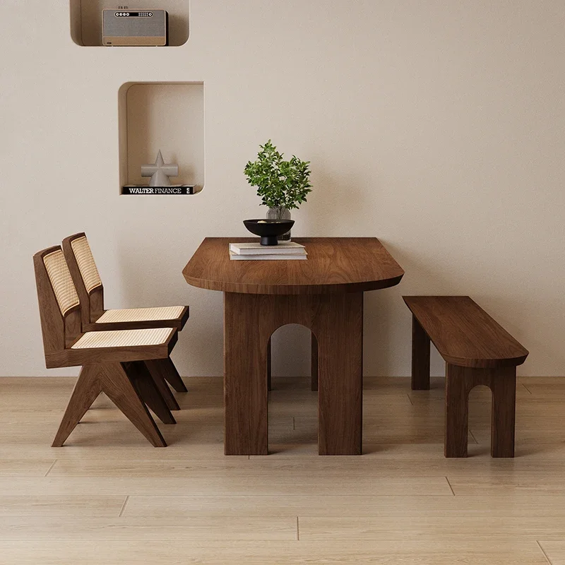 طاولة طعام على شكل جزيرة من الخشب الصلب في العصور الوسطى مقابل الحائط، طاولة شقة صغيرة منزلية وكرسي، مجموعة مستطيلة #5