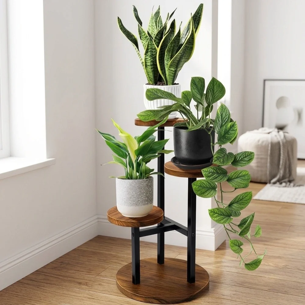3-Tier Corner Plant Stand Table Crafted from Carbonized Pine Wood and Equipped with Non-Slip Floor Protection Pads