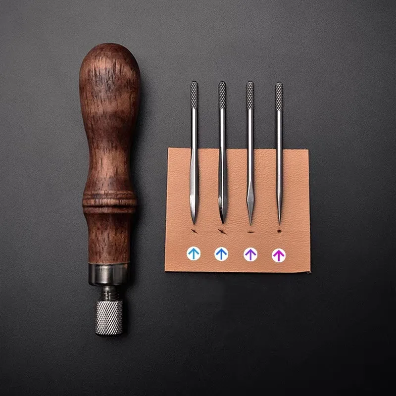 4-in-1 Leather Punch Awl Set with Wood Handle - 4PCS Replaceable Needles (Diamond/Flat/Round) for Hole Punching & Stitching