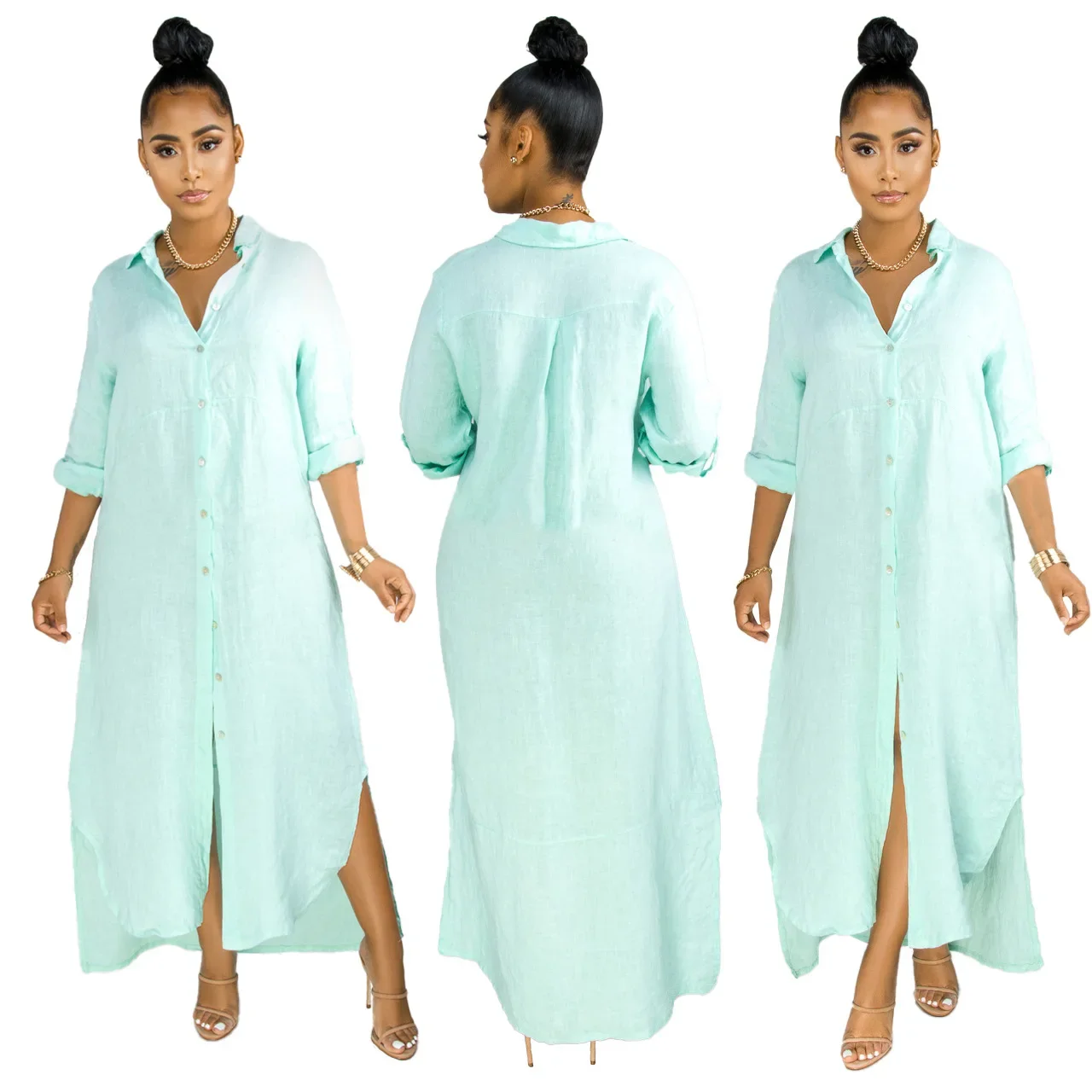 Shirt Dress Women Casual Long Sleeve Side Split Button Dresses Turn Down Collar Elegant Solid Loose Vestidos Spring Summer