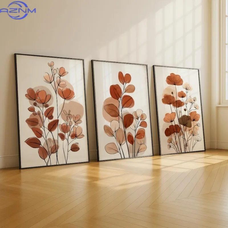 3pcs(Canvas Poster Unframes)Boho Botanical Print Set: Beige Brown Floral Art (Digital Download)