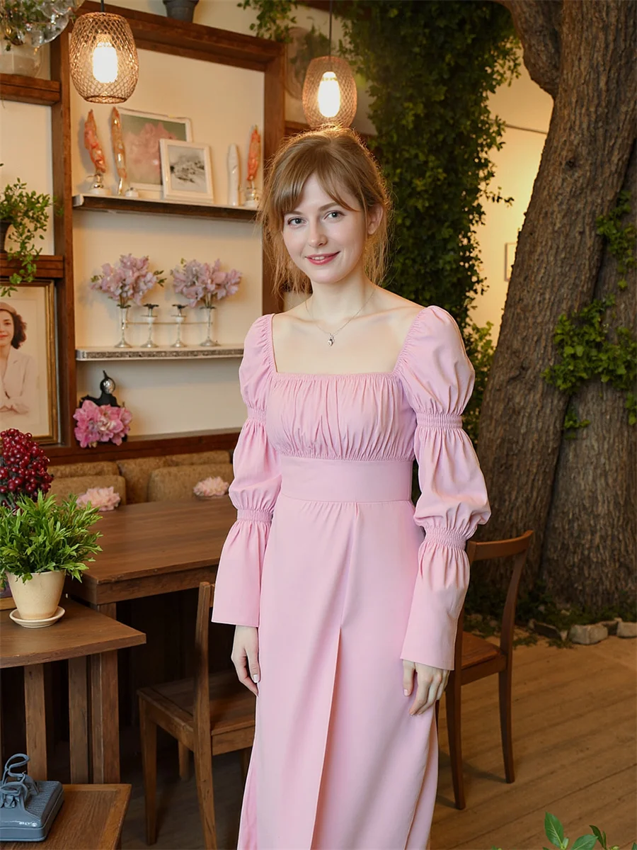 فساتين نسائية للحفلات النسائية أنيقة بياقة مربعة قابلة للطي وفتحة جانبية وفتحة عالية ومقسمة وفتحة مجوفة