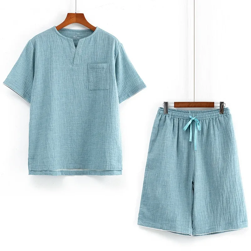Pure Cotton Double Layer Pajamas for Men Women Japanese Style Short Sleeves and Shorts Loungewear Set XXL Size Solid Simple