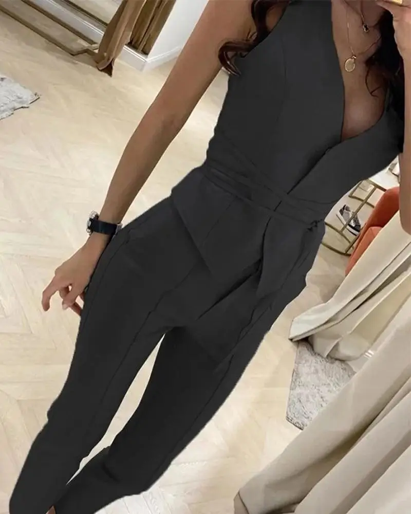 Women's Plain Blazer Vest and Work Pants Set Sleeveless Top Monochromatic High Waist Pants Casual Clothes Spring Summer 2Pcs