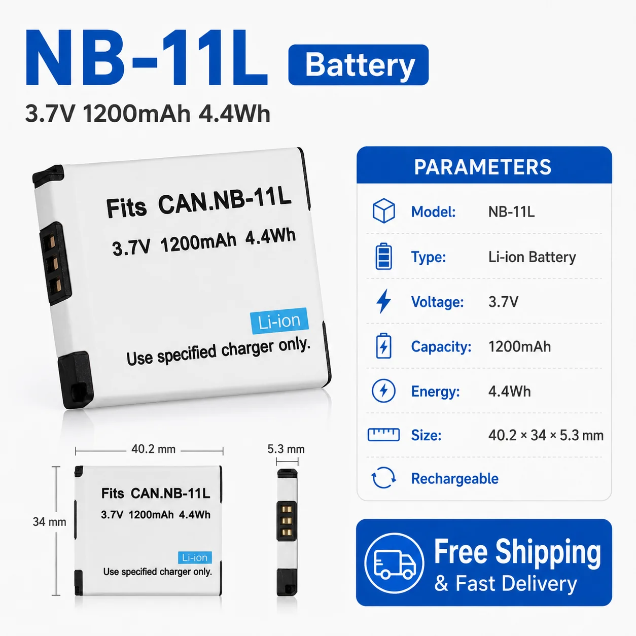 NB-11L 3.7V 1200mAh Li-ion Camera Battery for Canon IXUS 125/132/140/240/245, PowerShot A2300/A2400/A2600/A3400/A3500/A4000