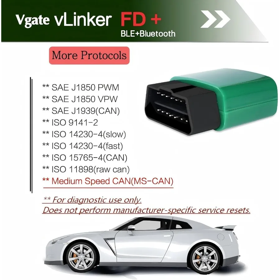 vLinker FD+ OBD2 Bluetooth Adapter Diagnostic Code Reader for iOS Android Windows with MS-CAN and ELM327 Support for Real