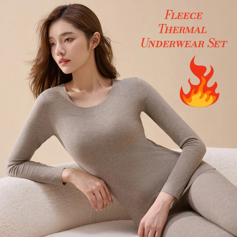

Seamless Deer Velour Thermal Underwear Set Women Autumn Winter Round Neck Base Layer Fleece Lining Thickened Top Pants