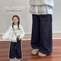 Children Clothes Autumn Pocket Straight Wide Leg Pants Boys and Girls Fashionable 2024 Casual Simple Girls Solid Color Jeans