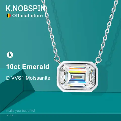 KNOBSPIN 에메랄드 컷 모이사나이트 펜던트, 랩 다이아몬드 포함, GRA 인증서, S925 스털링 실버, 여성용 웨딩 목걸이, 10ct