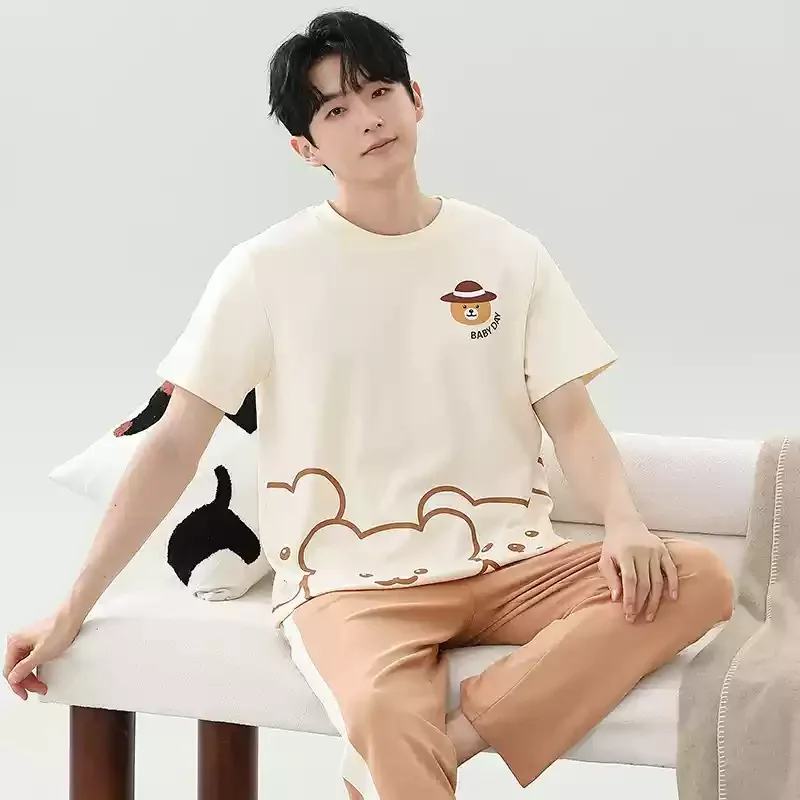 

2025 New Cotton Men's Summer Pajamas Set Short Sleeves Long Pant Nightwear Big Size L-3XL Loungewear Casual Home Clothes