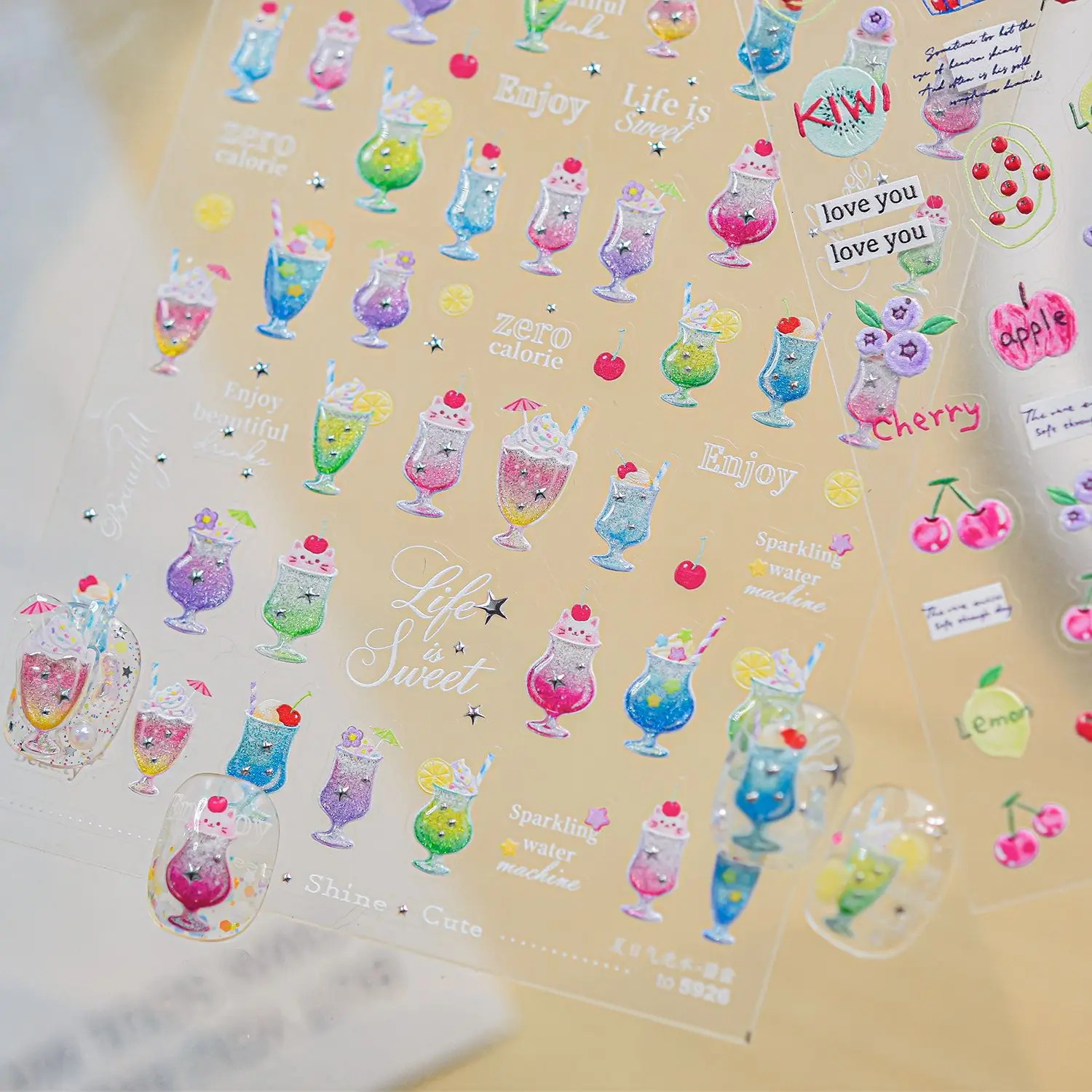 Summer Bubble Water Cute Fruit Cherry Kiwi Nail Art Stickers Self Adhesive Sparkling 5D Nail Decal for Women Girls Decoration