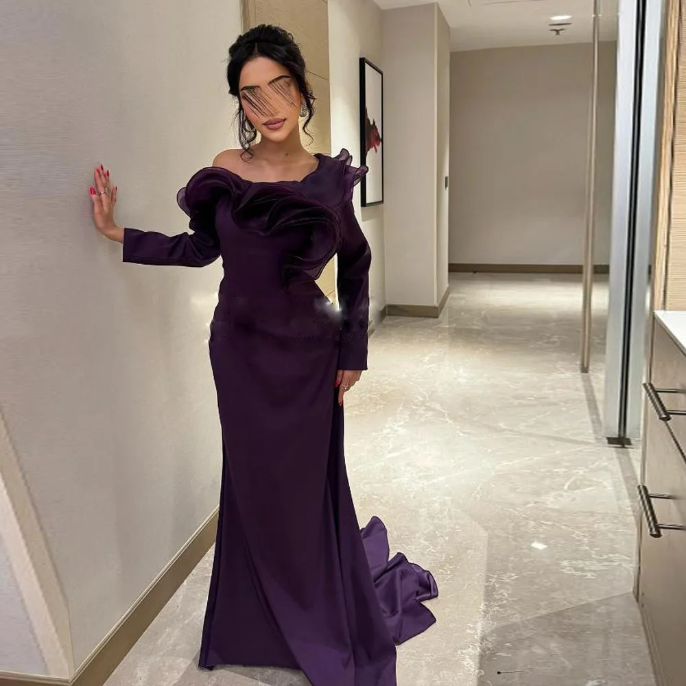 Вечерние платья с открытыми плечами и оборками по индивидуальному заказу, 2025 год, вечернее платье русалки с накидкой и съемным шлейфом, фиолетовое атласное платье