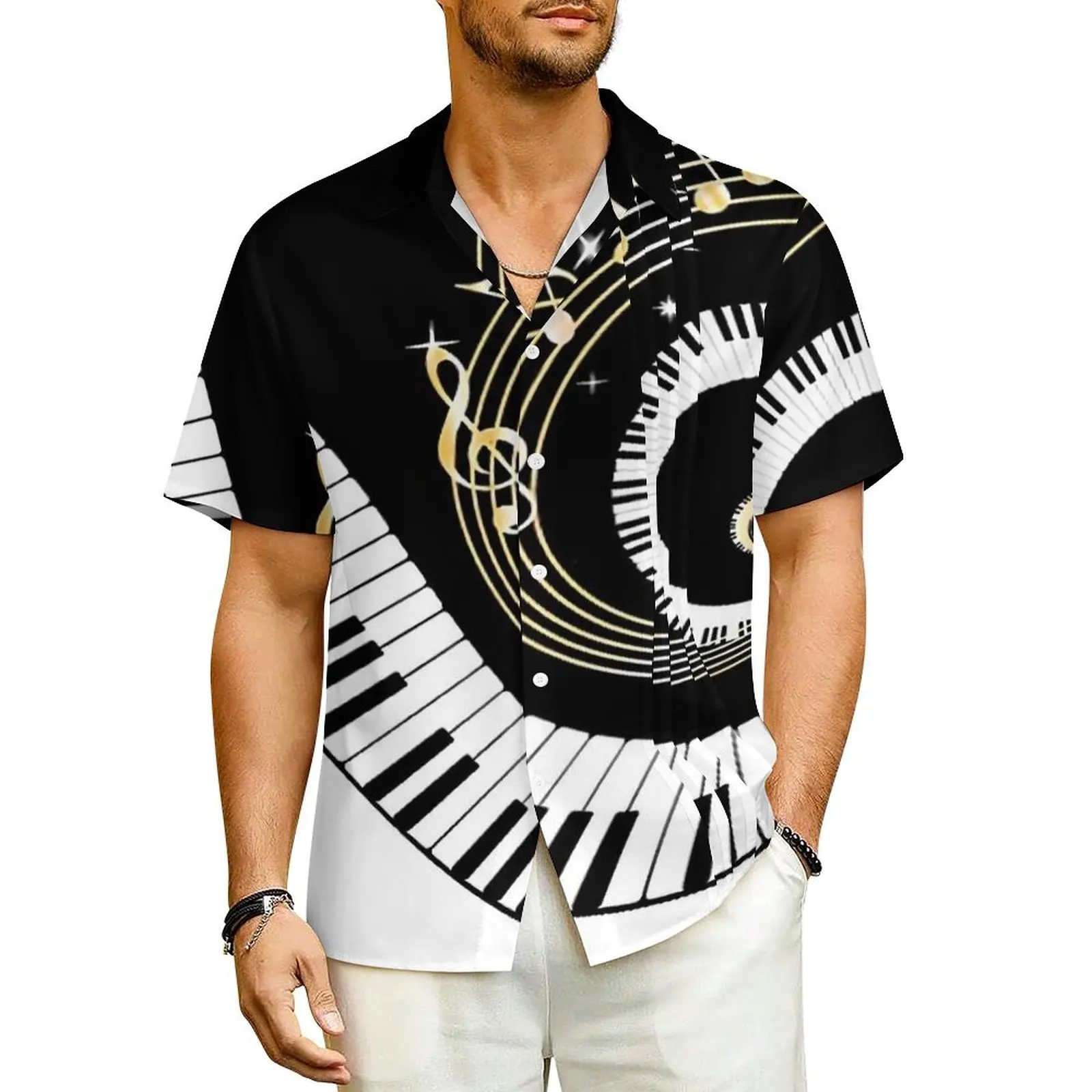 

Piano Music Keyboard Casual Shirt Black White Elegant Hawaii Shirts Male Short-Sleeve Beach Street Style Design Oversize Blouses