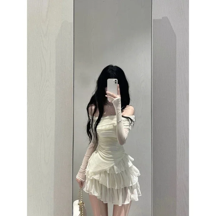 Fashion Sweet Off Shoulder Slim Fit Mesh Tops Women+ Y2k E-Girl High Waist Ruched Cake Skirts 2024 Summer New Two Piece Sets