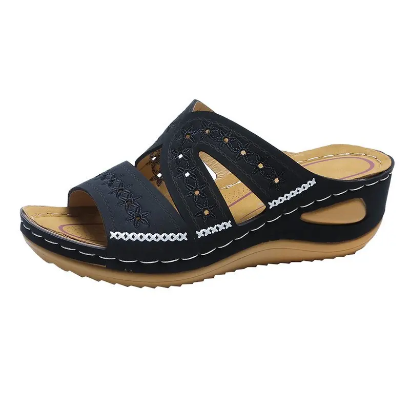 2026 Neue Sommer Damen Keilsandalen Premium Offene Zehen Sandalen Vintage Rutschfeste Leder Casual Damen Plateau Retro Pantoletten