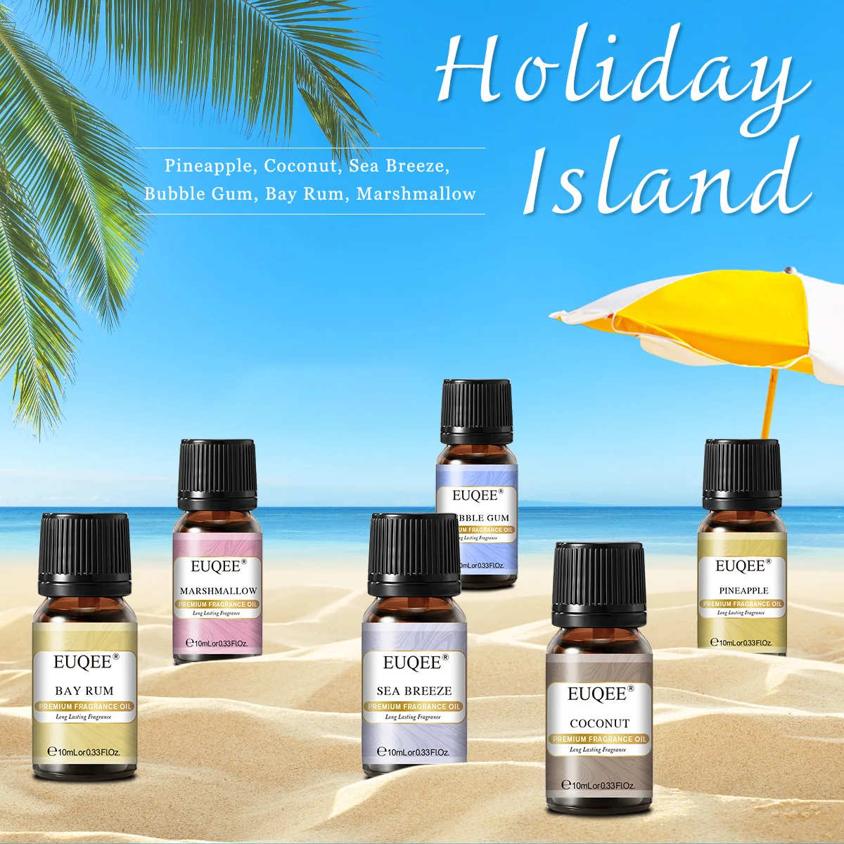 EUQEE 6x10ml Holiday Island Fragrance Oils Gift Set For Humidifier - Sea Breeze,Bubble Gum,Bay Rum,Marshmallow,Pineapple,Coconut