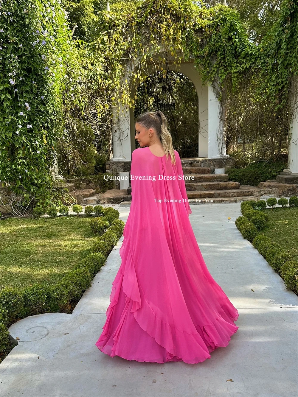 Qunque Elegant Fuchsia Evening Dresses For Women Party Dresses Ruffles Floor Length Dress Female New Prom Dresses Customized