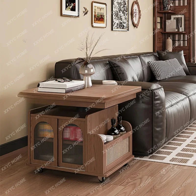 

Solid wood lifting coffee table movable cart tea table folding dual-purpose tea table living room sofa side cabinet