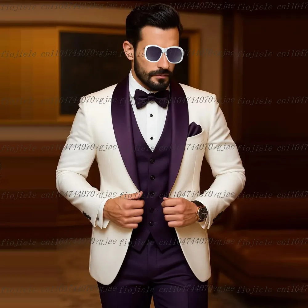 

White Dark Purple Men Suit Formal Wedding Party Groom Groomsman Business Male Tuxedos Customized 3 Piece Set Jacket Vest Pants