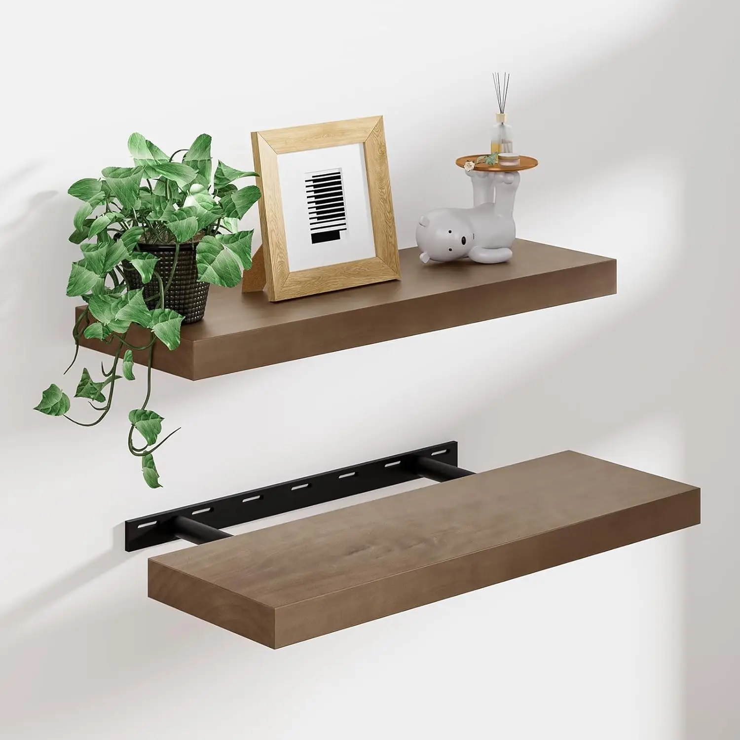 

Solid Wood Floating Shelves 16 inch, 8 Inch Deep Display Shelves Set of 2, Wall Mounted Floating Shelf with Invisible B