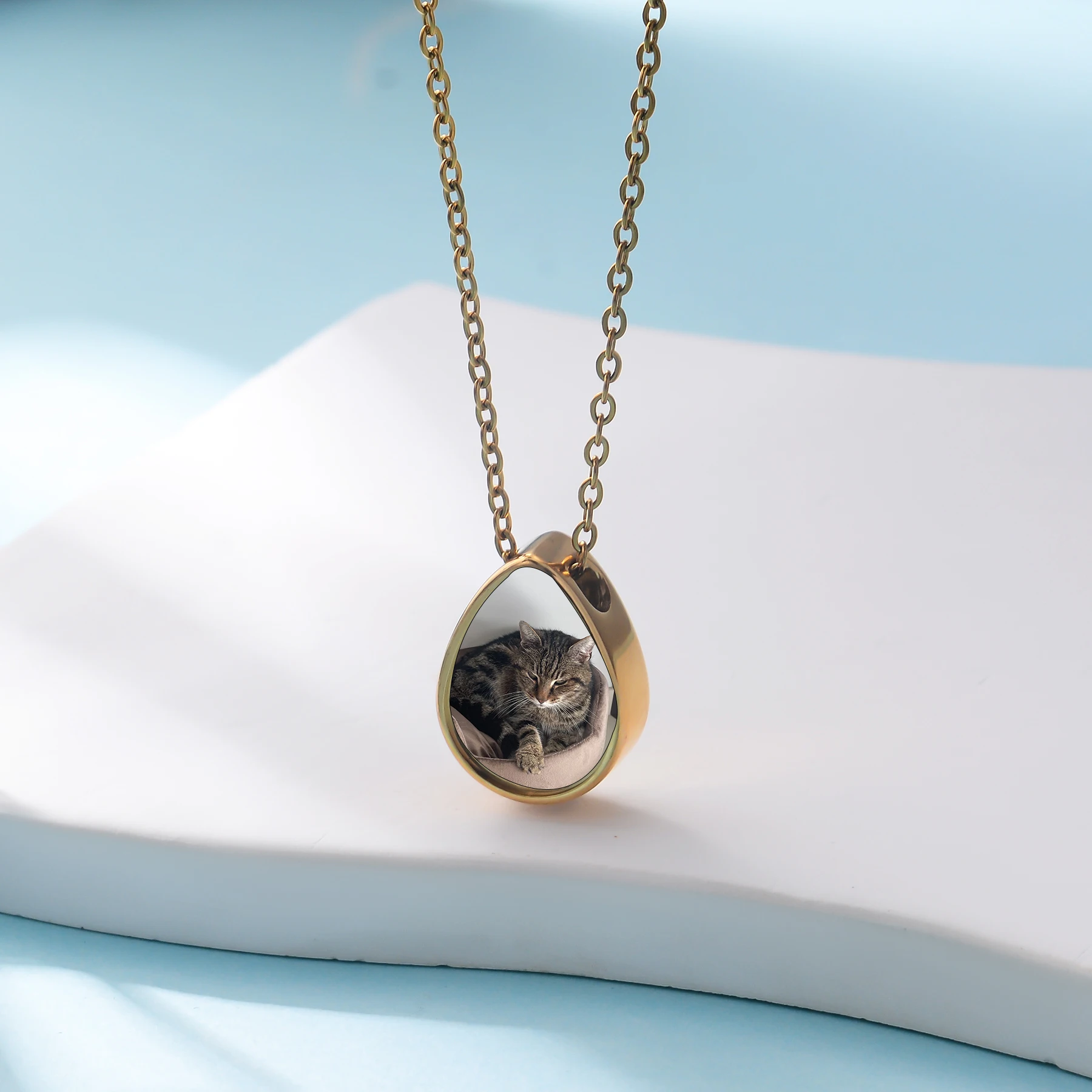 Custom Photo Pet Urn Necklace Stainless Steel Teardrop Pendant for Pet Ashes, Personalized Memorial Jewelry